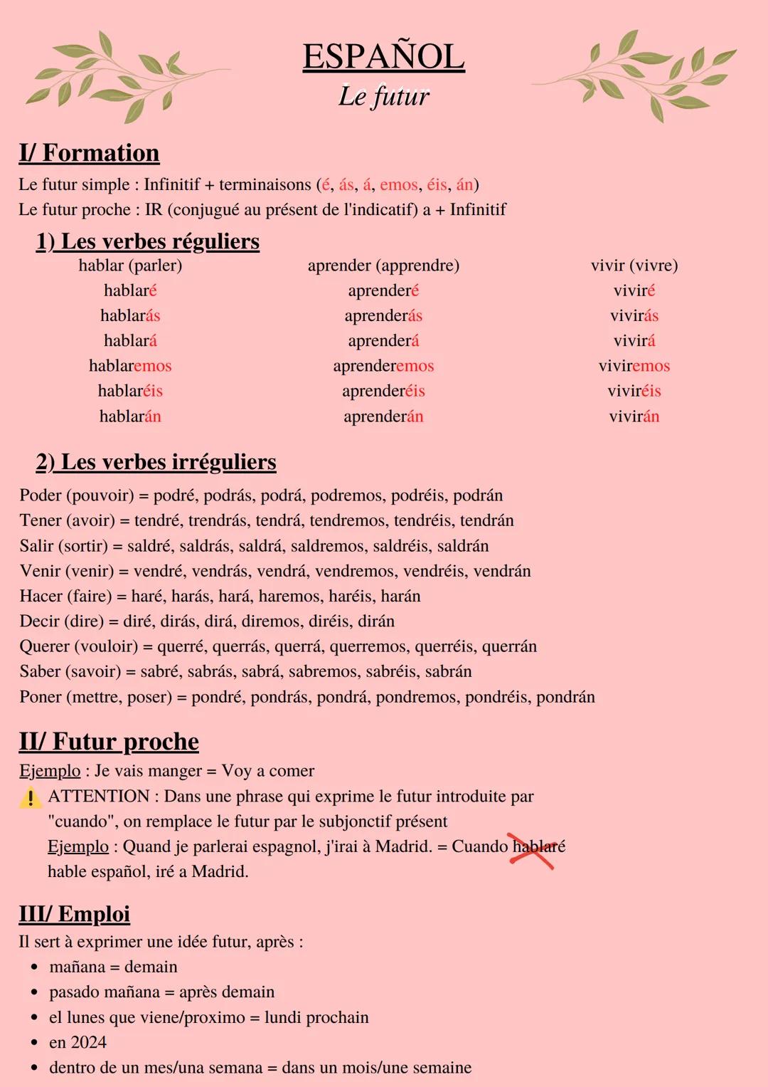 I/ Formation
Le futur simple : Infinitif + terminaisons (é, ás, á, emos, éis, án)
Le futur proche : IR (conjugué au présent de l'indicatif) 