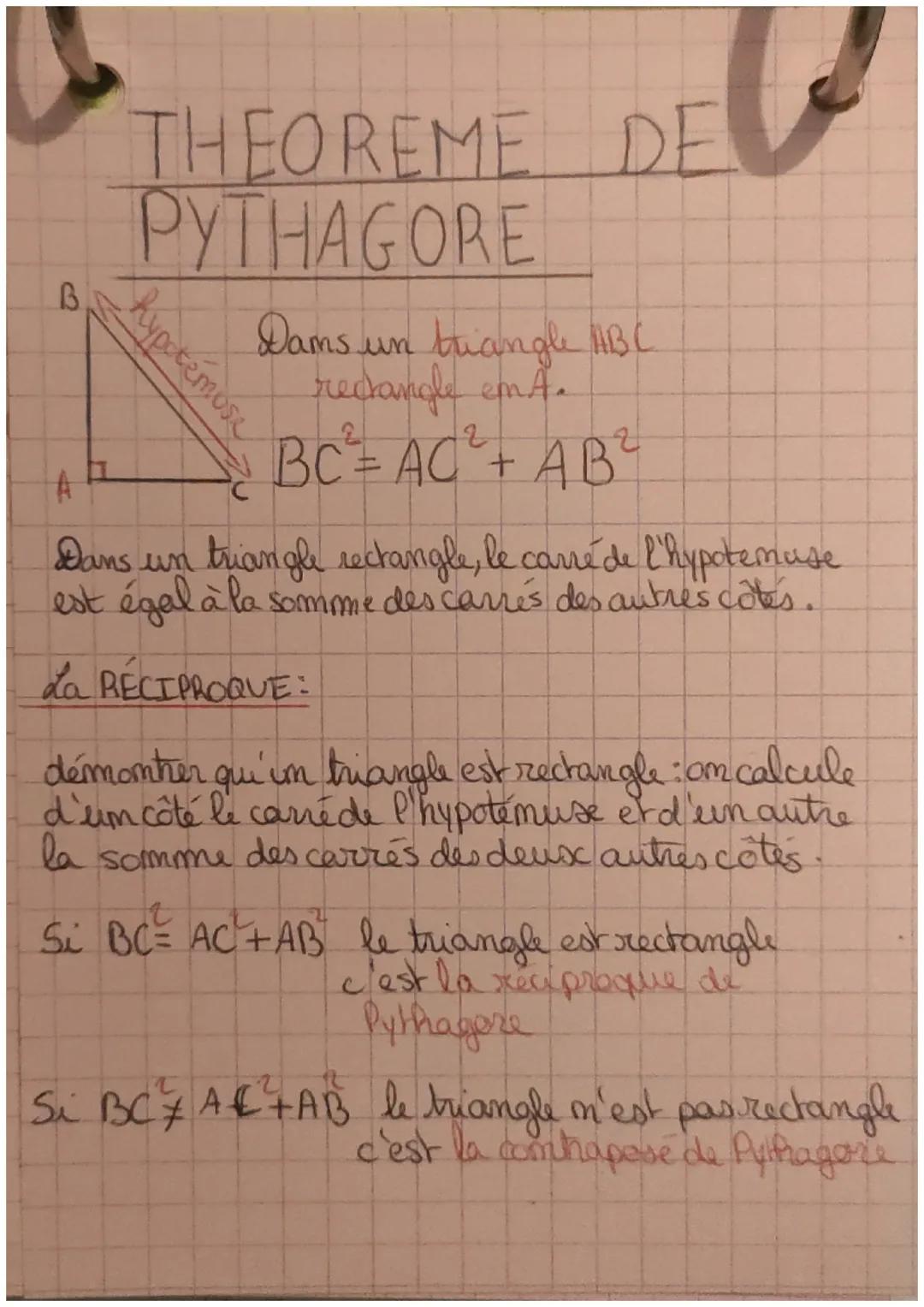 a
B
THEOREME DE
PYTHAGORE
hypotémose
Dams un triangle IBC
rectangle em 4.
2
~ BC² = AC²₂+ AB²
U
A
Dans un triangle rectangle, le carré de l'