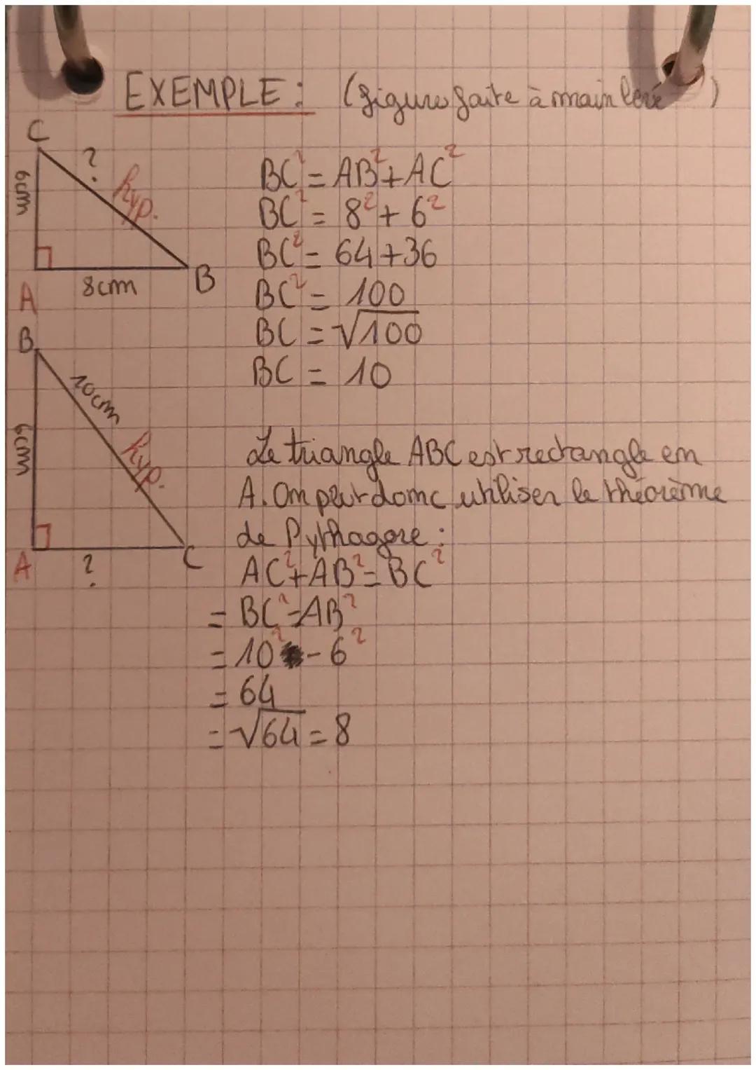 a
B
THEOREME DE
PYTHAGORE
hypotémose
Dams un triangle IBC
rectangle em 4.
2
~ BC² = AC²₂+ AB²
U
A
Dans un triangle rectangle, le carré de l'