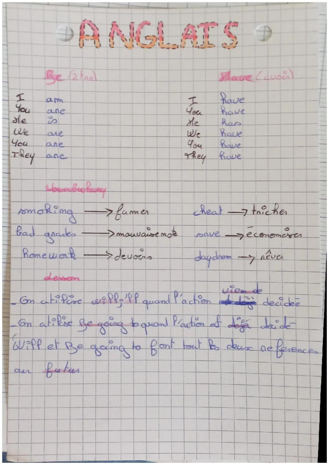 # ANGLAIS

Be (être)

I am
You are
He is
We are
You are
They are

Have (avoir)

I Have
You Have
He Has
We have
You have
They have

Vocabular