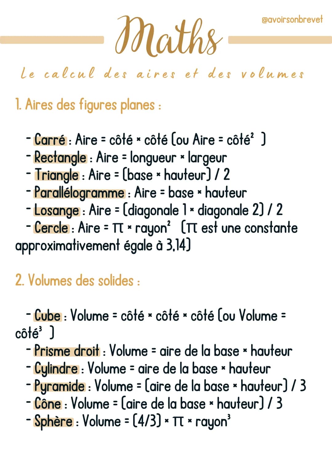 Maths
Le calcul des aires et des volumes
1. Aires des figures planes :
- Carré: Aire = côté * côté (ou Aire = côté² )
- Rectangle : Aire - l
