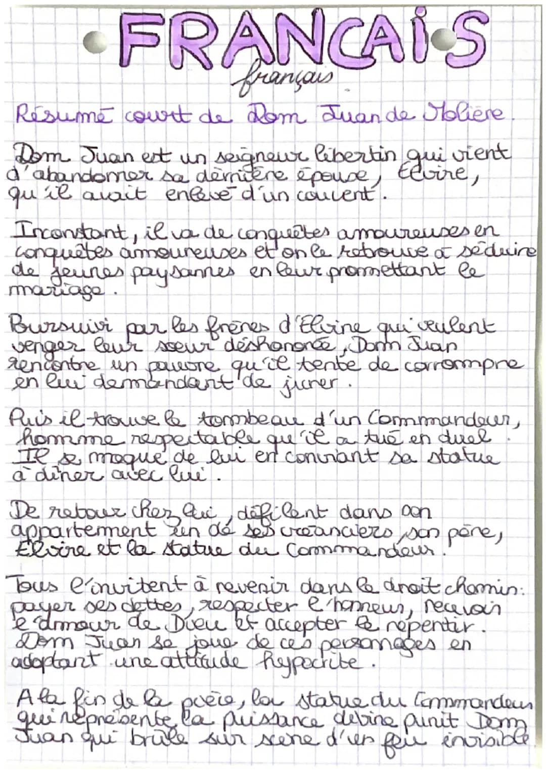 FRANCAIS
français
Resume court de Dom Juan de Molière
Dom Juan est un seigneur libertin qui vient
d'abandonner sa démière épouse,
Elvire,
il