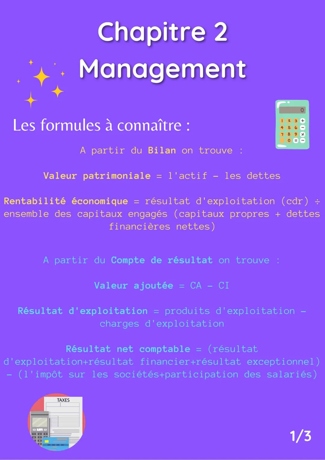Les formules à connaître :
Chapitre 2
Management
A partir du Bilan on trouve :
Valeur patrimoniale = l'actif – les dettes
Rentabilité économ