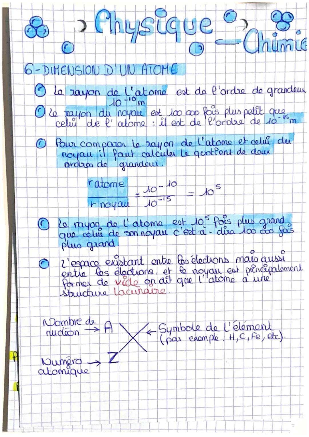 O
• Physique • Chimie
8
1- Structure d' un atome.
Ⓒ Un atome est modélisé par une sphère.
Ⓒ Le Noyau est constitué de particulos appelées Nu