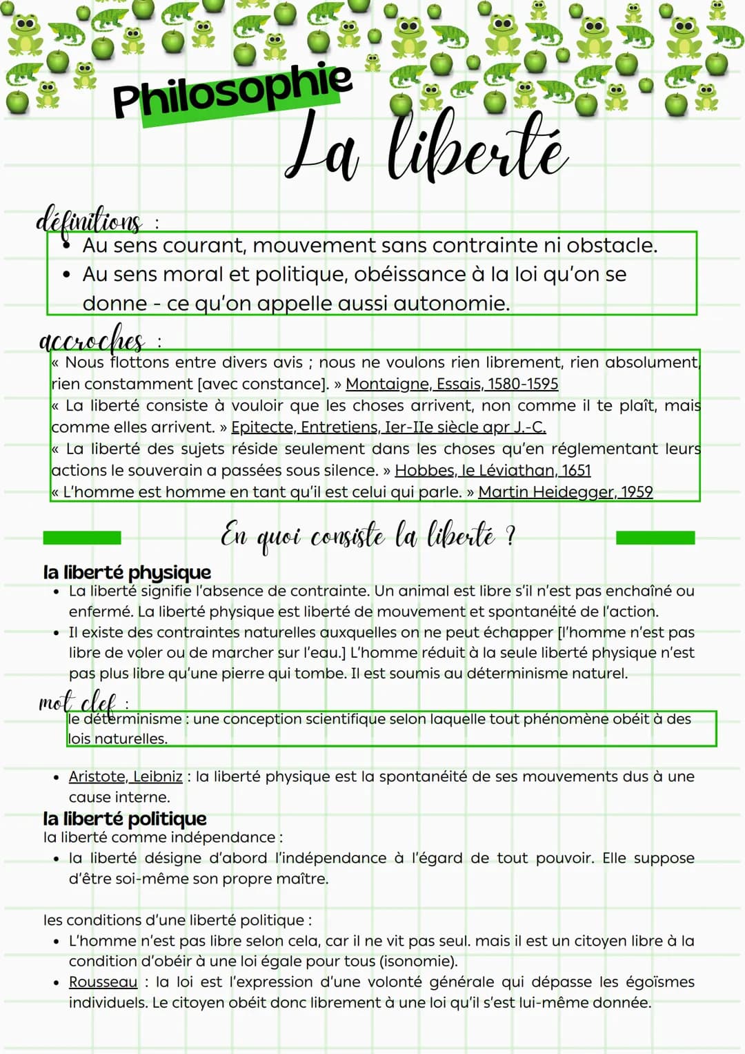 Philosophie
La liberte
définitions
:
Au sens courant, mouvement sans contrainte ni obstacle.
• Au sens moral et politique, obéissance à la l