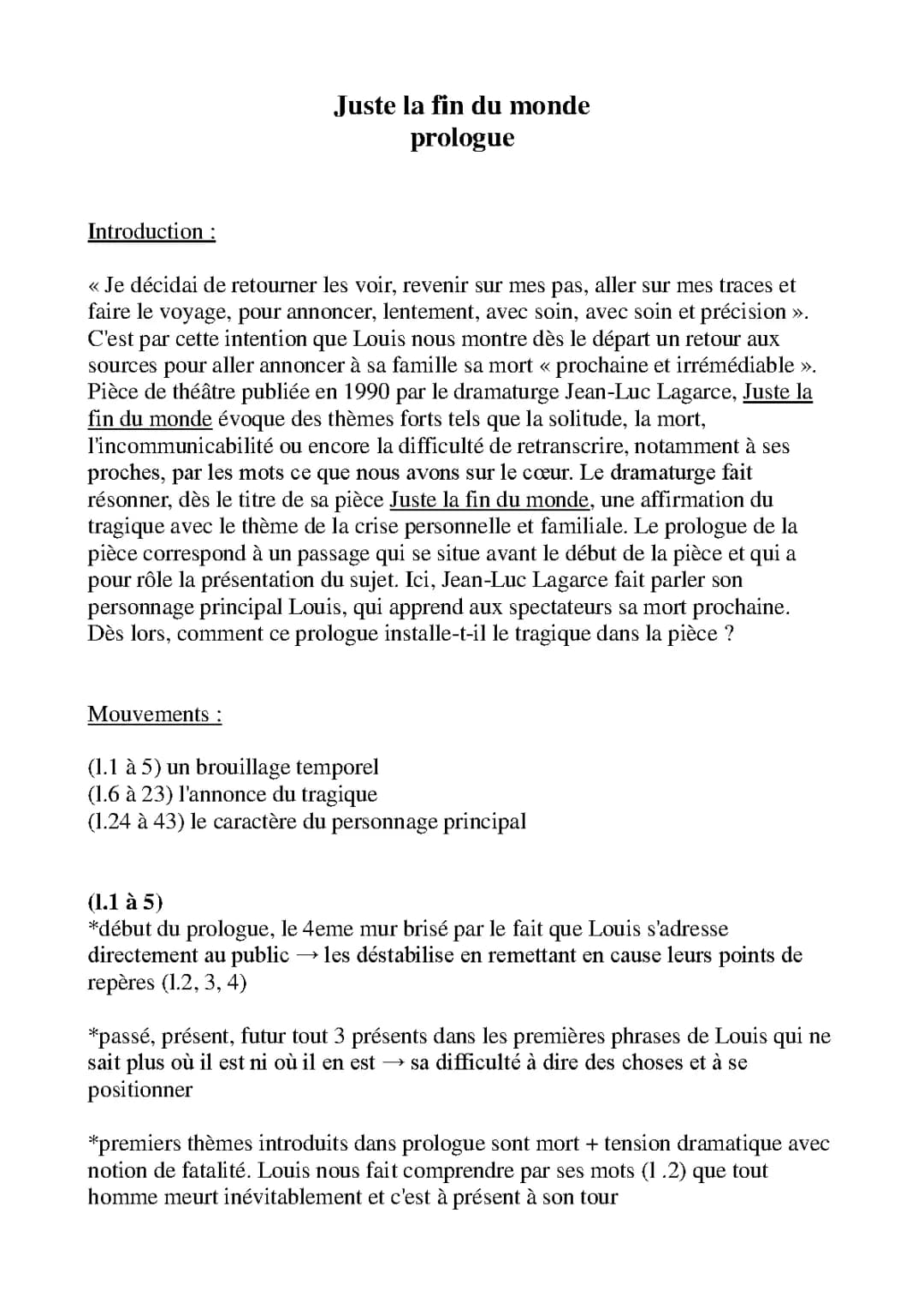 Analyse linéaire du prologue de Juste la fin du monde - Résumé et PDF