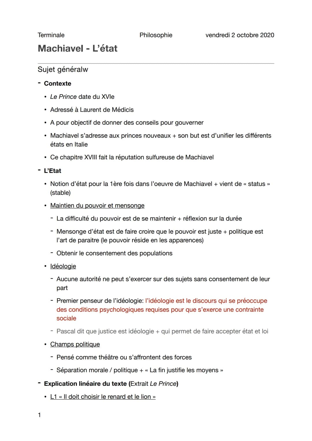 Terminale
Machiavel - L'état
Sujet généralw
Contexte
1
Philosophie
vendredi 2 octobre 2020
• Le Prince date du XVIe
Adressé à Laurent de Méd