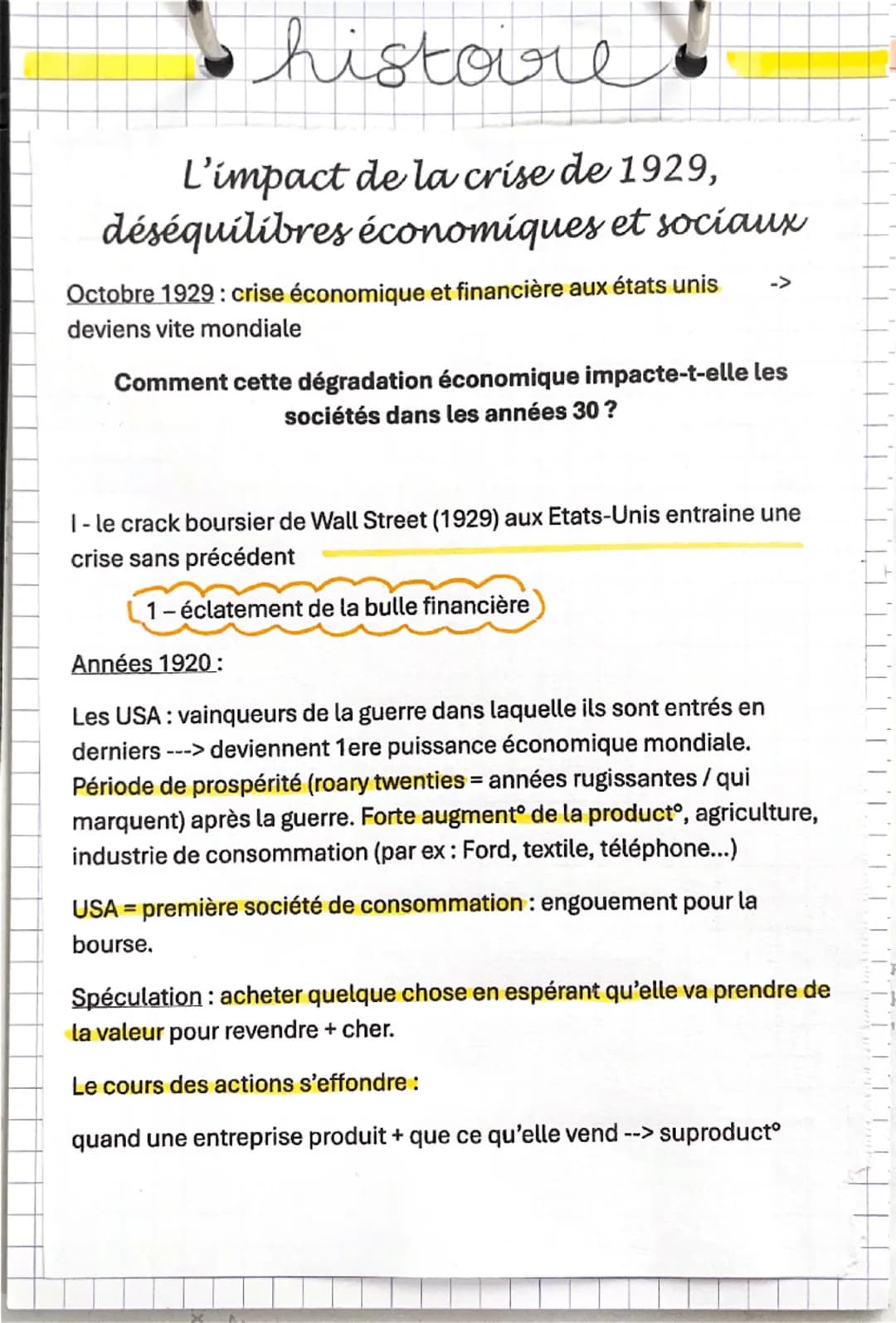 Chistoire
L'impact de la crise de 1929,
déséquilibres économiques et sociaux
Octobre 1929: crise économique et financière aux états unis
dev