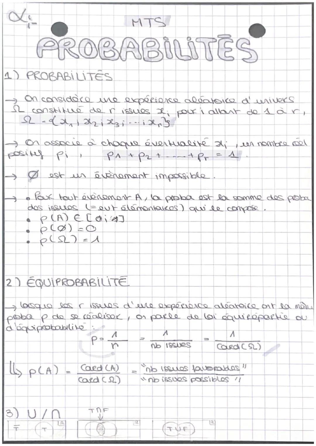 Li
MTS
PROBABILITES
1) PROBABILITÉS
On considère une expérience aléatoire d'univers.
12 constitue de r issues 2; pour i allout delar,
Idadi 