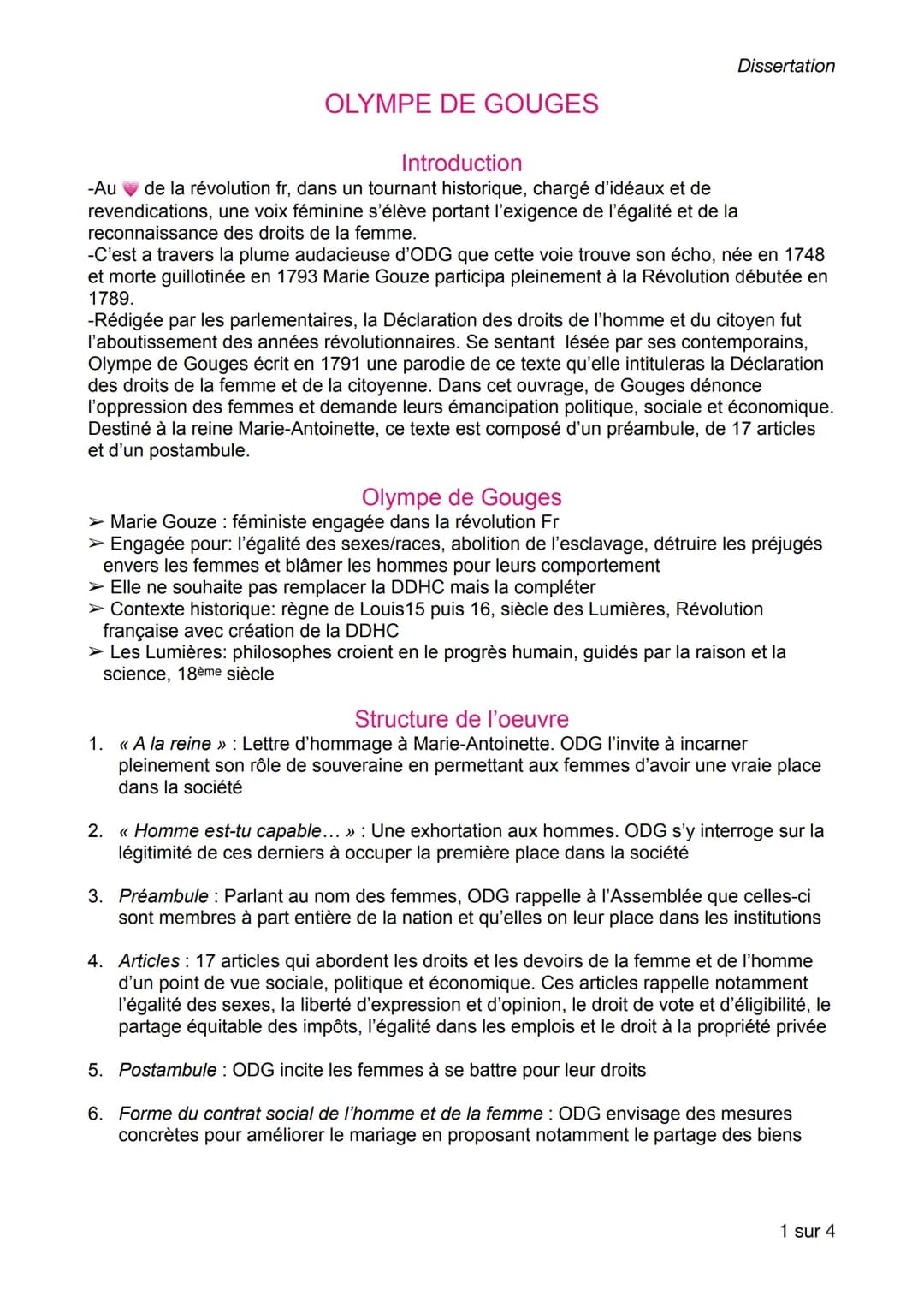 OLYMPE DE GOUGES
Introduction
Dissertation
-Au ♥de la révolution fr, dans un tournant historique, chargé d'idéaux et de
revendications, une 