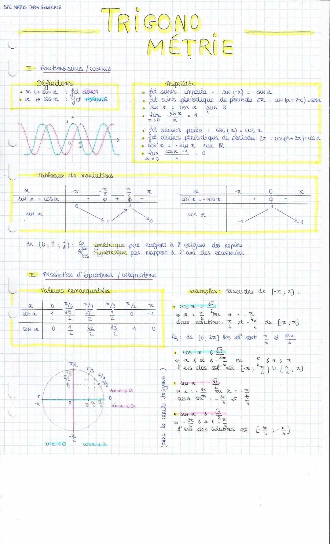 SPE MATHS TERM GENERALE
# TRIGONO
# MÉTRIE
I- Fonctions SUNUS/COSINUS
* Défivitiens
    * SUN : fot sinus.
    * cos x yot cosinus

Tableaux