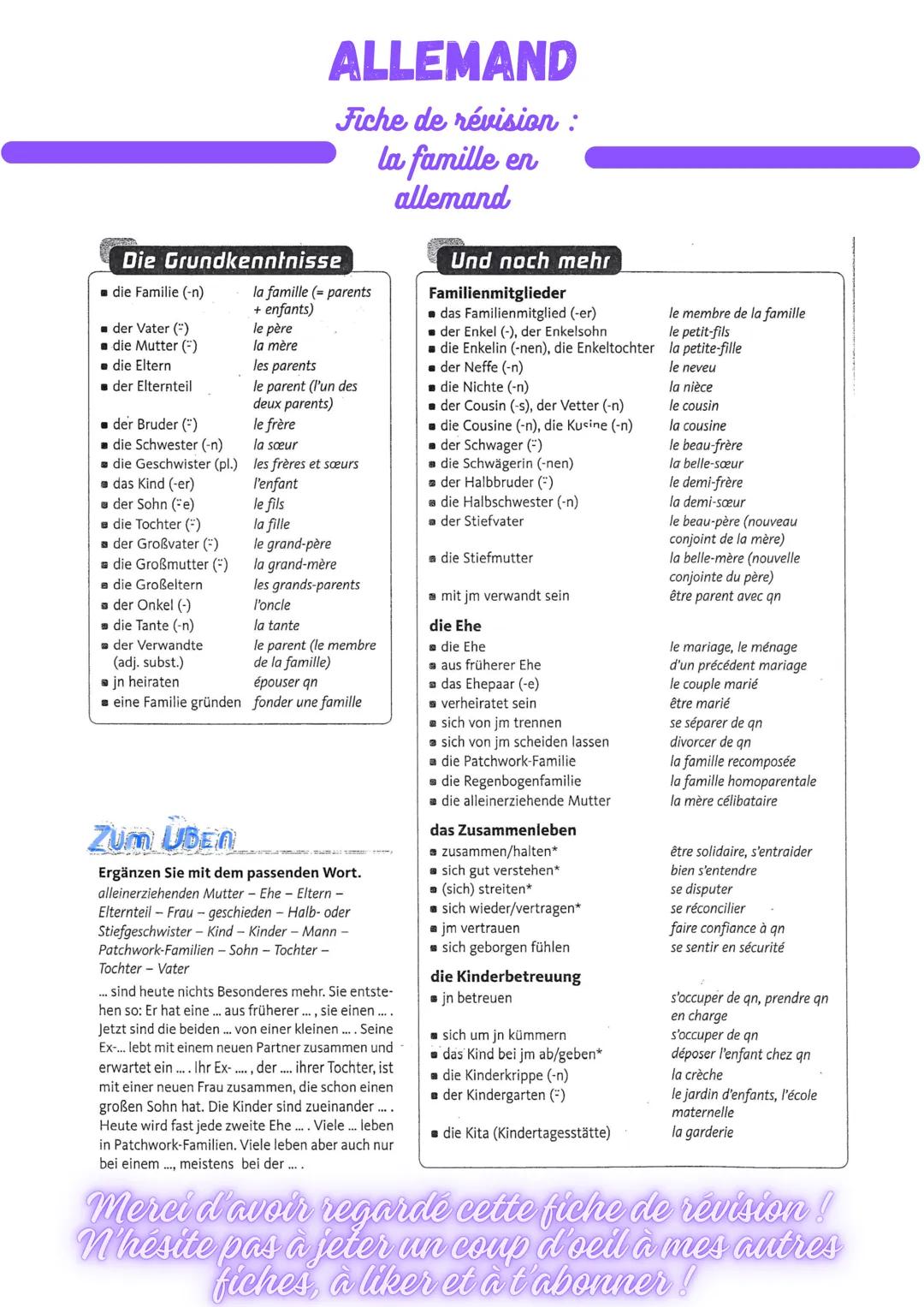 Die Grundkenntnisse
die Familie (-n)
▪ der Vater (=)
■ die Mutter (-)
• die Eltern
der Elternteil
der Bruder ()
die Schwester (-n)
die Gesch