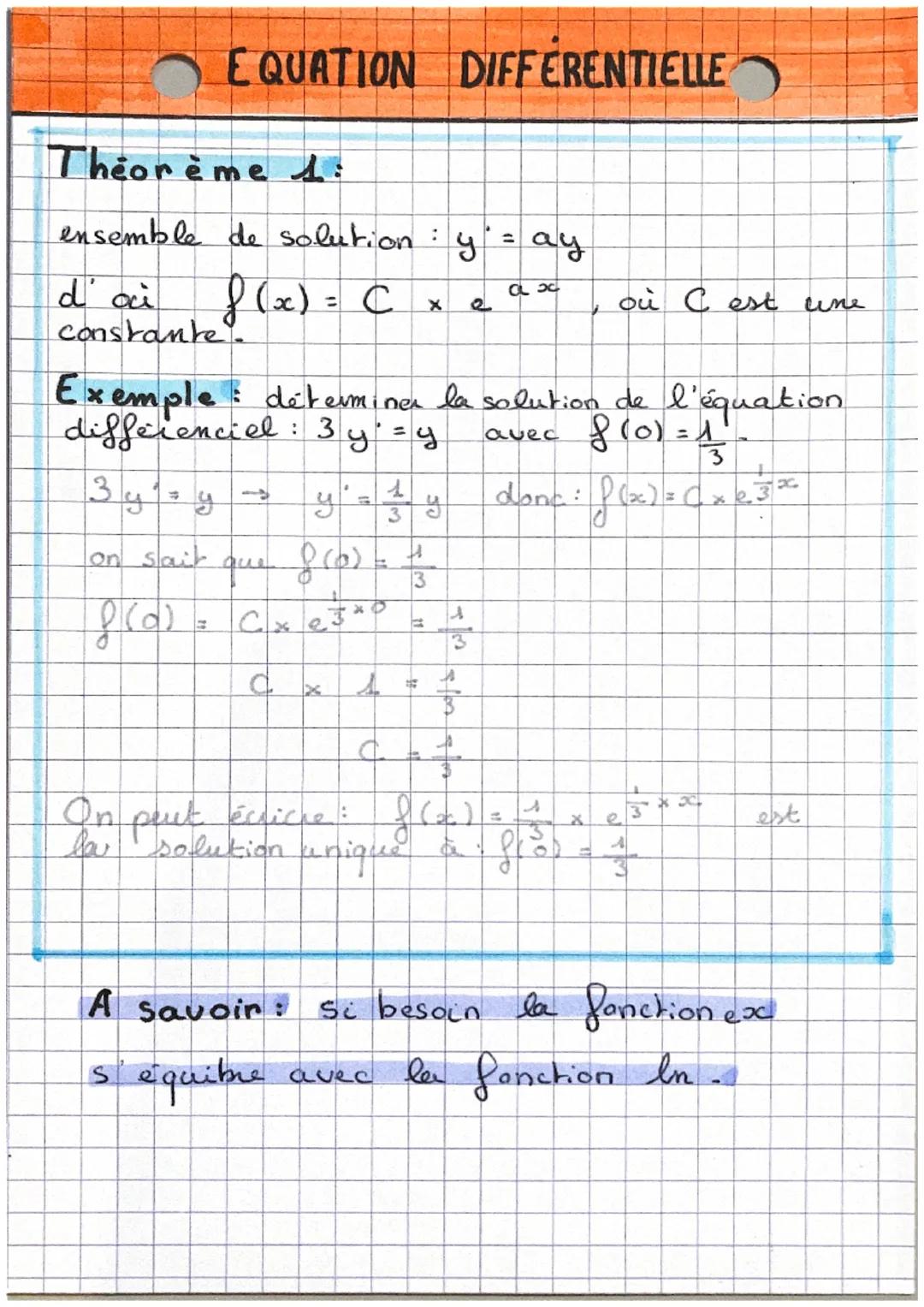 EQUATION DIFFERENTIELLE

Théorème 1:
ensemble de solution: y' = ay
d'ai $f(x) = C \times e^{ax}$, où Cest cine
constante.

Exemple: détermin