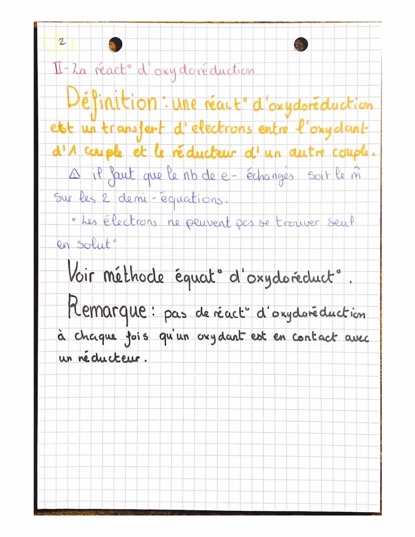 ^
Chimie
chapitr
e 2
1- Couple Oxydant / Réducteur
Definition:
• Quand un e- est échange dans une
react chimique = React" d'oxydoréductⓇ
• R