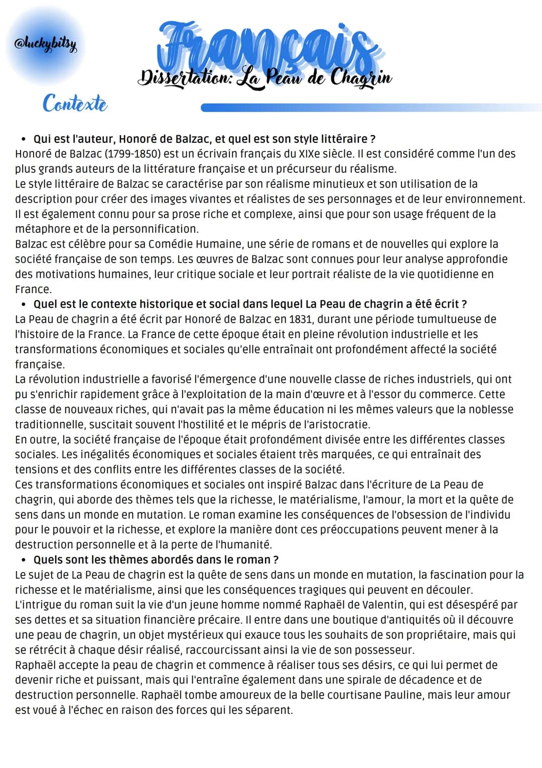 luckybitsy
Contexte
Dissertation: La Peau de Chagrin
• Qui est l'auteur, Honoré de Balzac, et quel est son style littéraire ?
Honoré de Balz