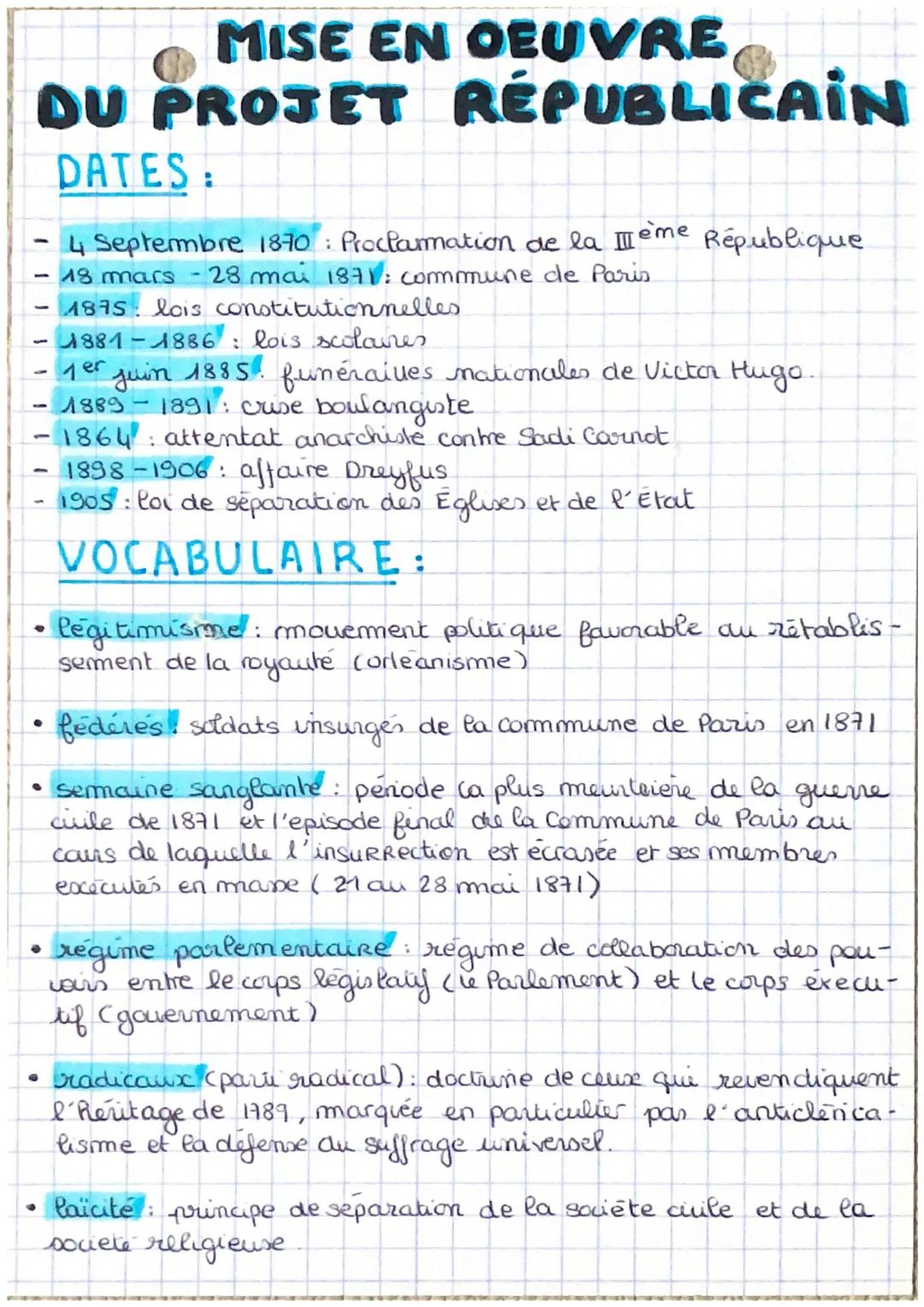 # MISE EN OEUVRE
DU PROJET RÉPUBLICAIN

## DATES:

- 4 Septembre 1870: Proclamation de la Tème République
- 18 mars 28 mai 1871: commune de 