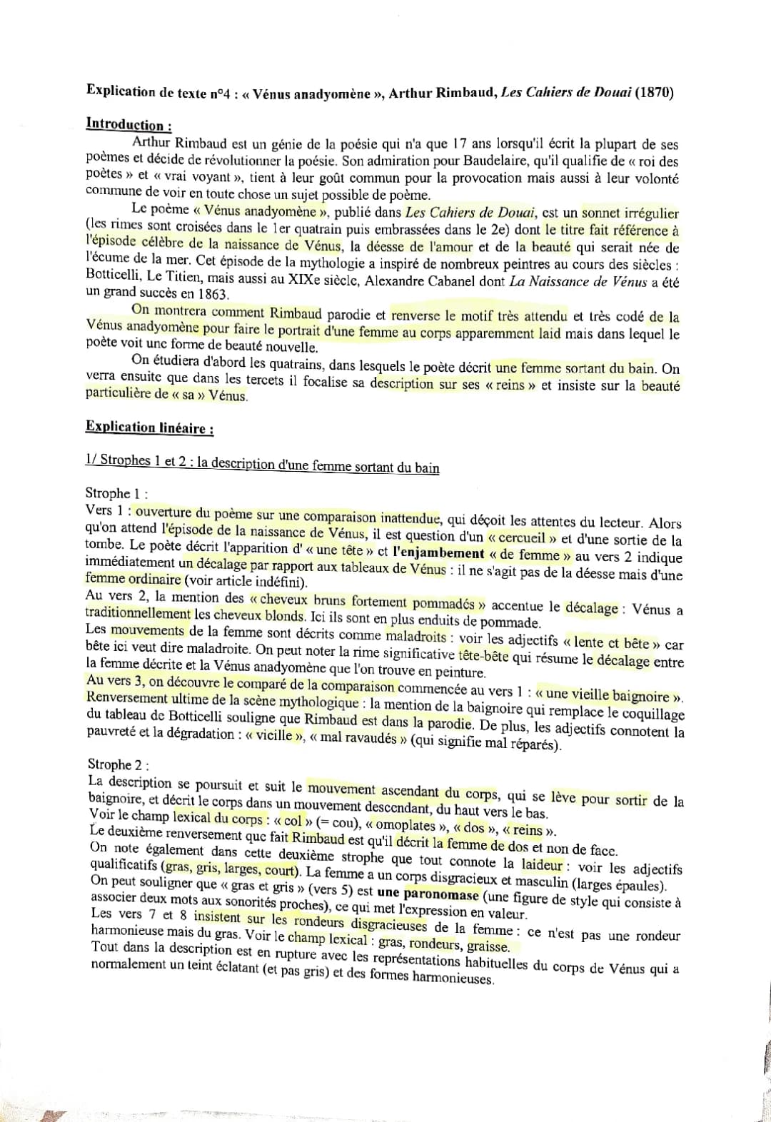 Vénus Anadyomène - Analyse linéaire PDF, Résumé et Problématique