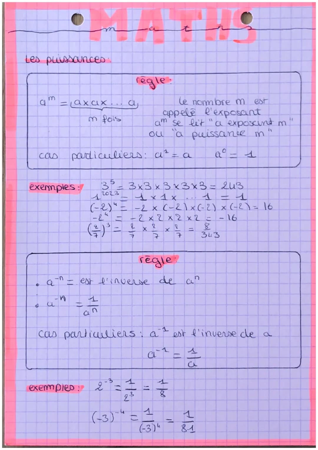 Les puissances.
a
cas
6
منعم•
a
= axax... а
m fois
U
exemples: 35 - 3x3x3x3x3=243
=
2023
particuliers : a² = a
régle:
le nombre m
"1
appelé 
