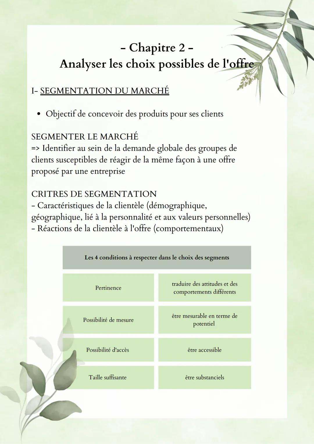 - Chapitre 2 -
Analyser les choix possibles de l'offre
I-SEGMENTATION DU MARCHÉ
Objectif de concevoir des produits pour ses clients
SEGMENTE