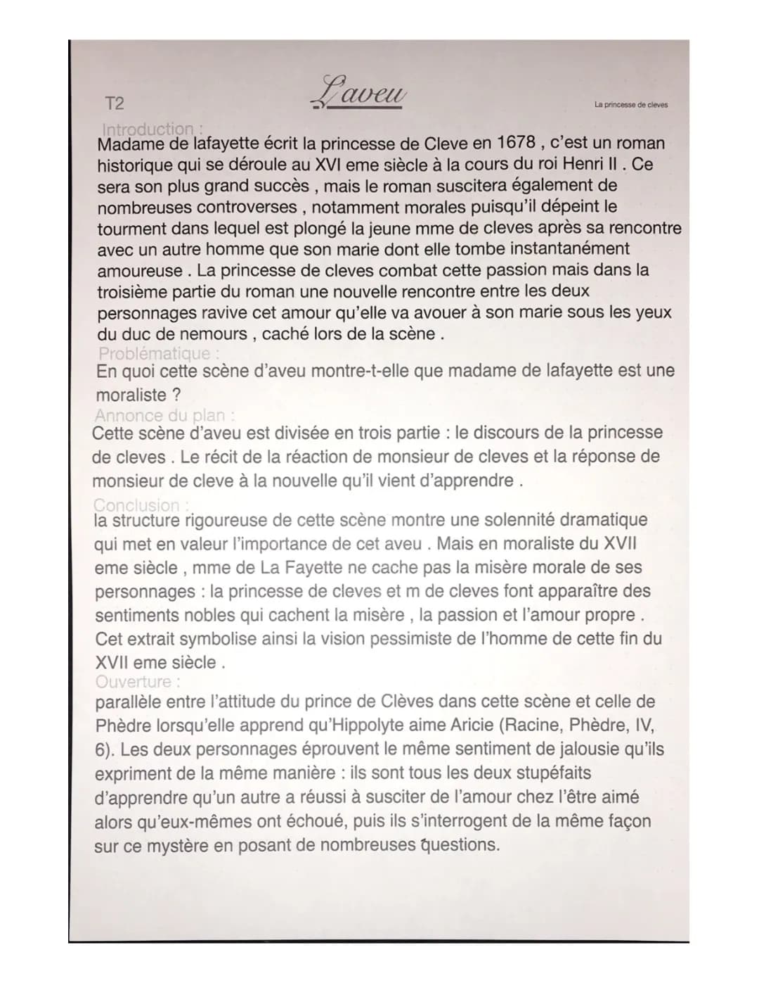 Oral princesse de Cleves : l’aveu