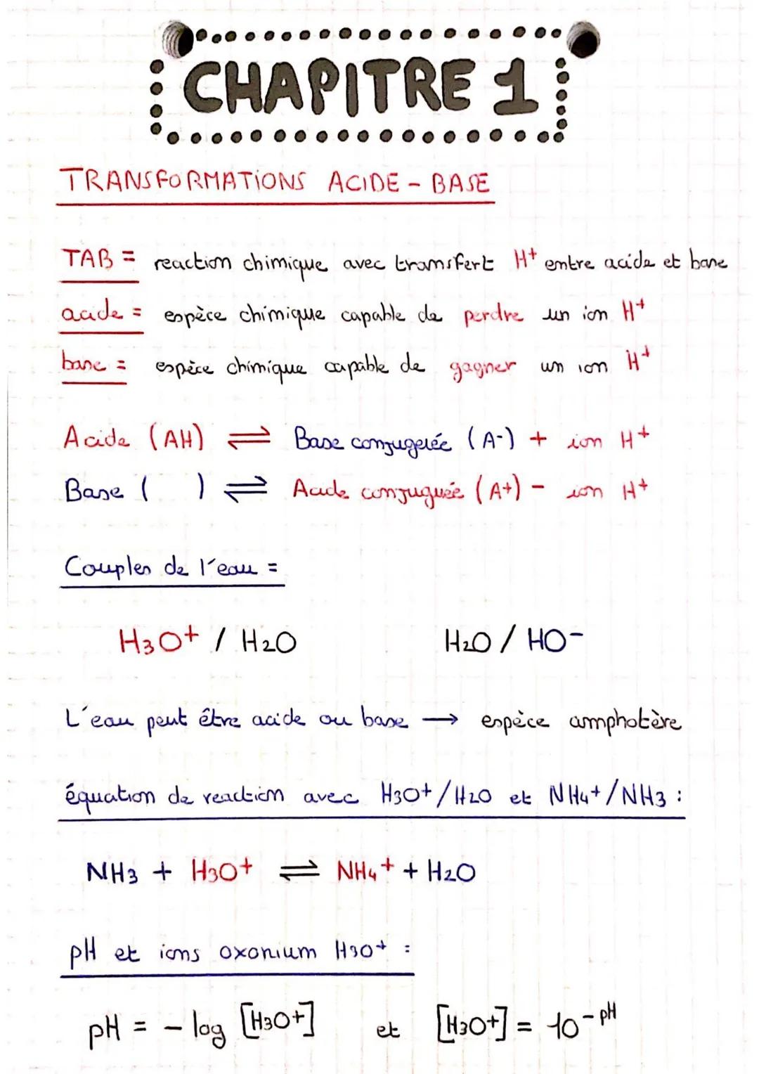CHAPITRE 1:
TRANSFORMATIONS ACIDE - BASE
TAB = reaction chimique
aade = espèce chimique capable de perdre un ion H+
espèce chimique capable 
