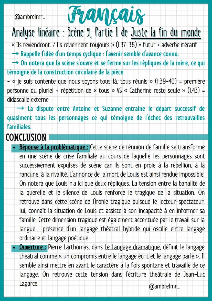 @ambrelmr_
¨
Français
Analyse linéaire: Scène 9, Partie I de Juste la fin du monde
INTRODUCTION
Présentation du texte :
→ Auteur : Jean-Luc 