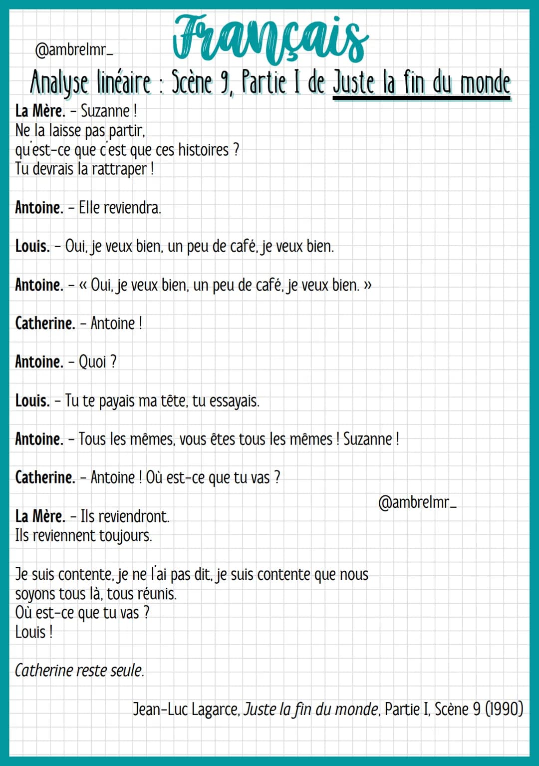 @ambrelmr_
¨
Français
Analyse linéaire: Scène 9, Partie I de Juste la fin du monde
INTRODUCTION
Présentation du texte :
→ Auteur : Jean-Luc 