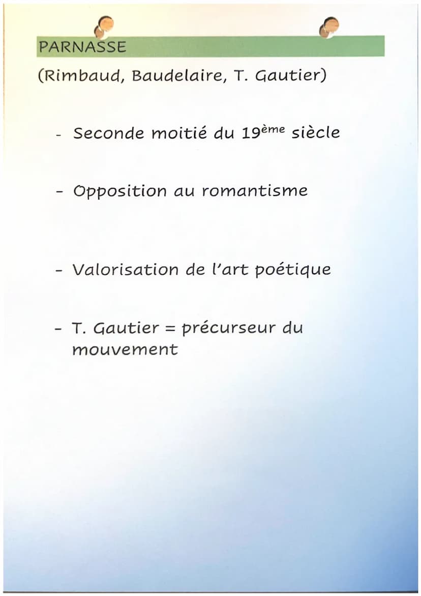 MOUVEMENTS
ROMANTISME
(Baudelaire, V. Hugo)
-
1ere moitié du 19ème siècle
Opposition au classicisme
Prône l'exaltation des sentiments PARNAS