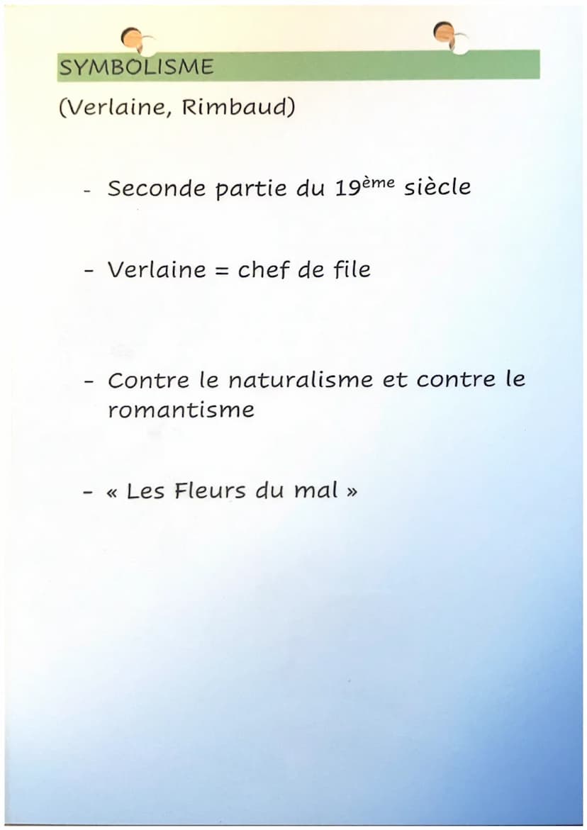 MOUVEMENTS
ROMANTISME
(Baudelaire, V. Hugo)
-
1ere moitié du 19ème siècle
Opposition au classicisme
Prône l'exaltation des sentiments PARNAS