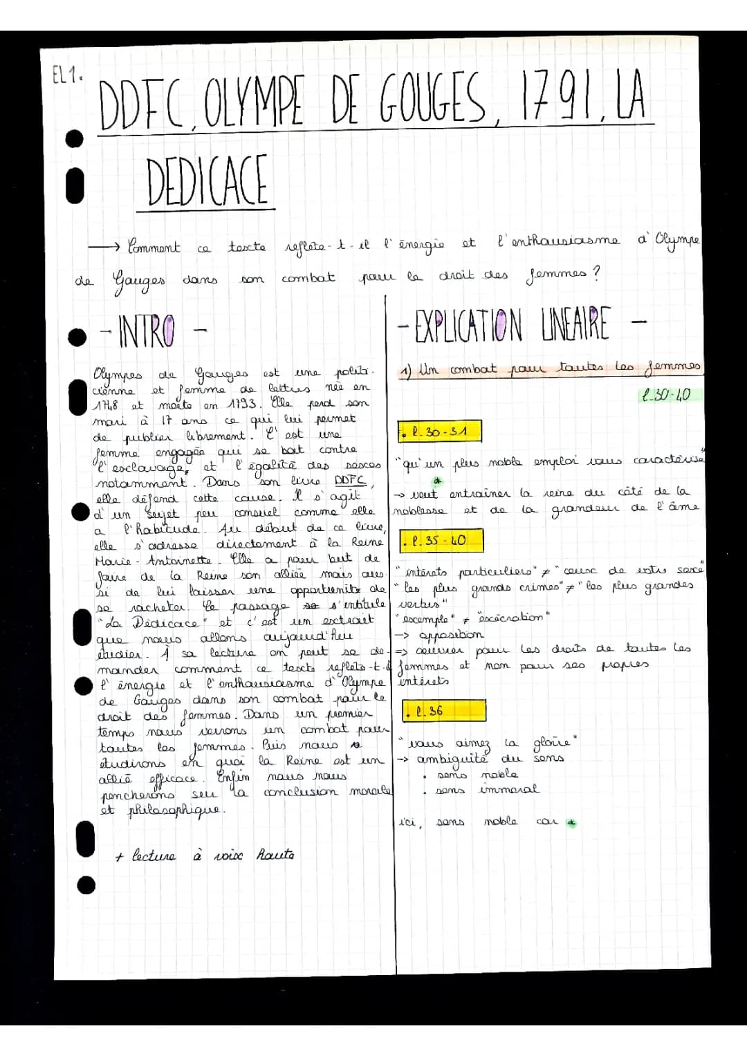 Préambule Olympe de Gouges Analyse Linéaire - Déclaration des Droits de la Femme et de la Citoyenne