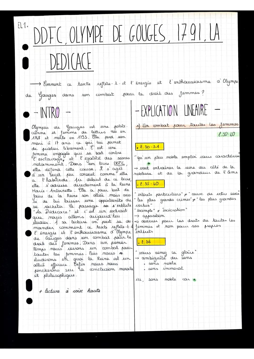 EL 1.
DDFC OLYMPE DE GOUGES, 1791, LA
FA
• DEDICACE
de
Comment
Gauges dans
a
elle
عم
ca
ماه
texte reflete-t-il l'
combat
son
politi.
nee
en
