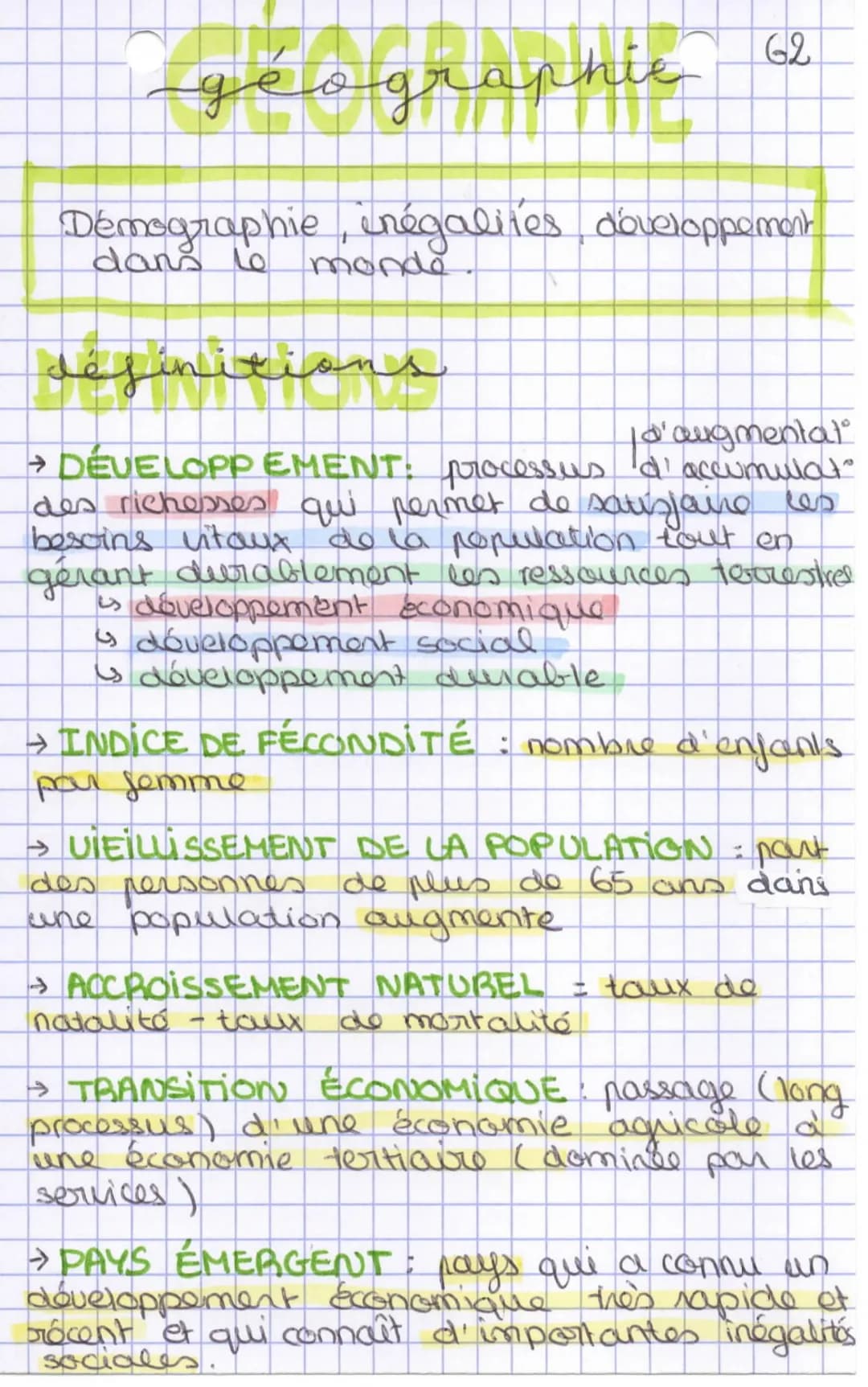 géographie
Démographie, inégalites développement
dans to
mondo
62
definitions
to augmentat
→ DÉVELOPPEMENT: processus d'accumulat"
des riche
