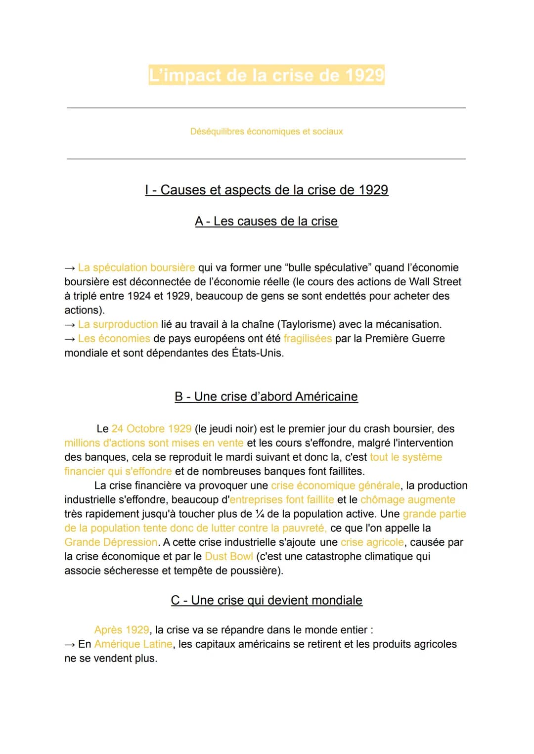 L'impact de la crise de 1929
Déséquilibres économiques et sociaux
1 - Causes et aspects de la crise de 1929
A - Les causes de la crise
→ La 