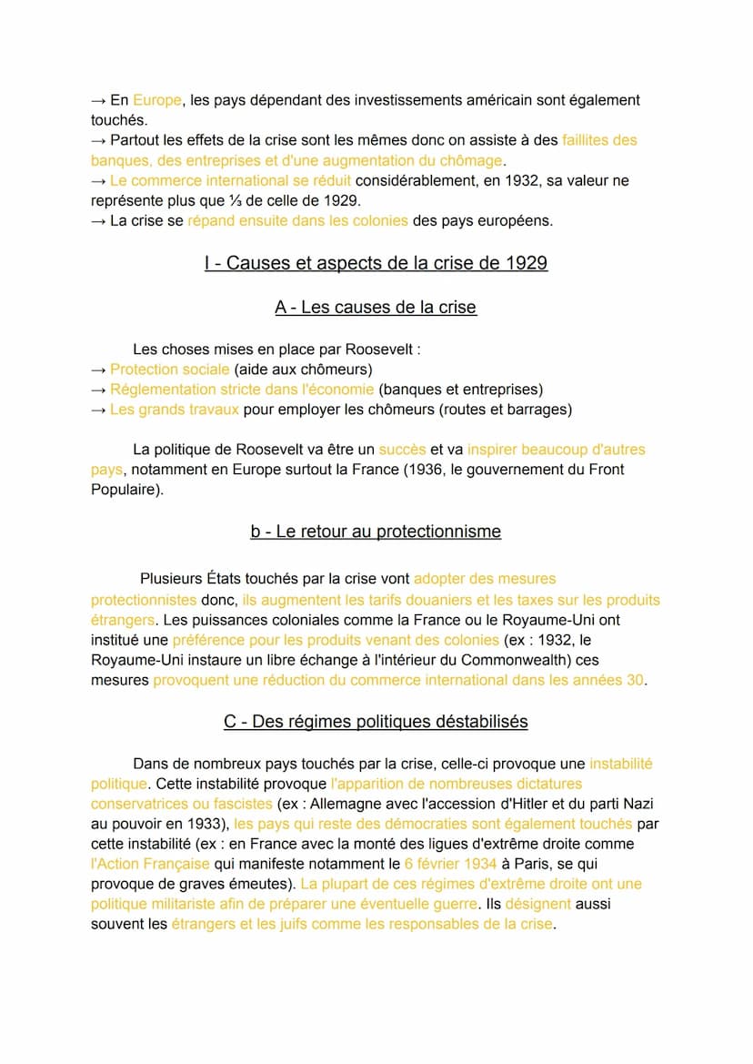 L'impact de la crise de 1929
Déséquilibres économiques et sociaux
1 - Causes et aspects de la crise de 1929
A - Les causes de la crise
→ La 