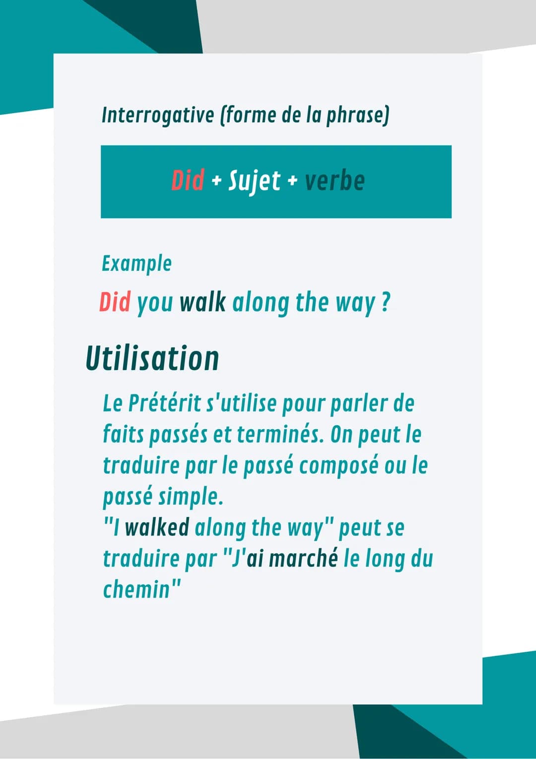 Anglais
Le prétérit
Auxiliaires
Be
I was
You were
He/she/It was
We were
You were
They were
I was not
You were not
He/she/It was not
We were 