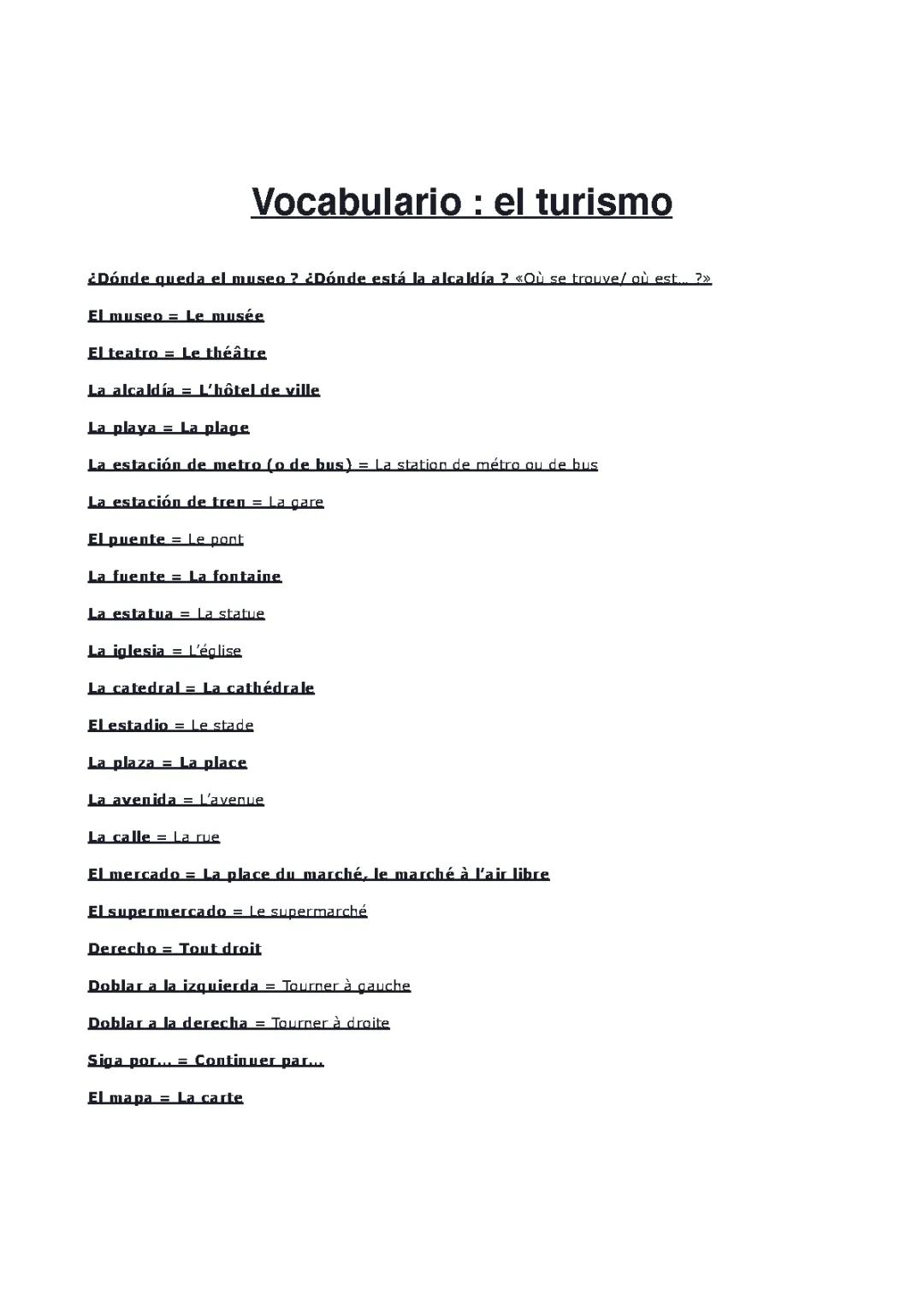 Fiche : Le tourisme - Espagnol 
