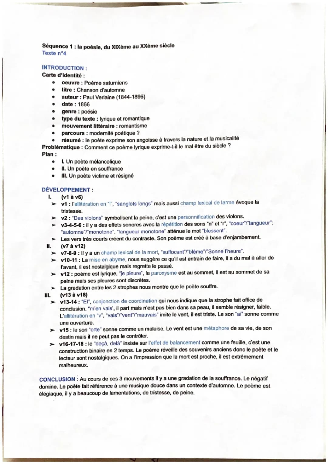 Séquence 1 : La poésie du XIXème au XXème siècle
Parcours associé: modernité poétique ?
T. n°4 : Paul VERLAINE, «< Chanson d'automne », Poèm