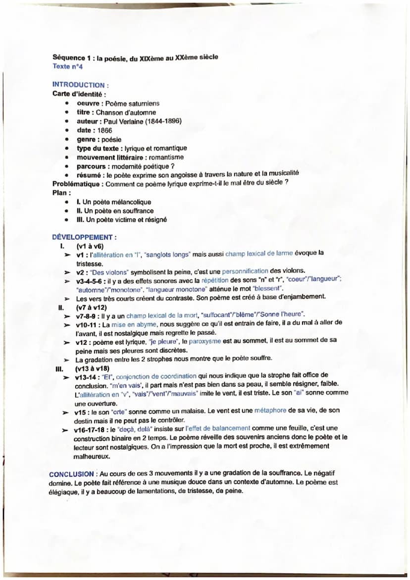 Séquence 1 : La poésie du XIXème au XXème siècle
Parcours associé: modernité poétique ?
T. n°4 : Paul VERLAINE, «< Chanson d'automne », Poèm