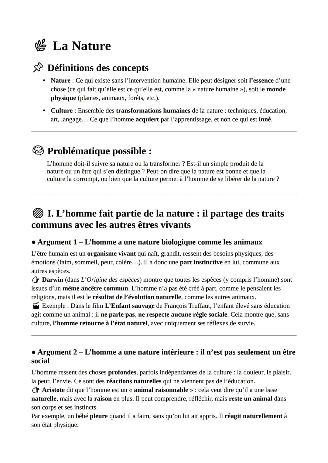 --- OCR Start ---
La Nature
Définitions des concepts
Nature: Ce qui existe sans l'intervention humaine. Elle peut désigner soit l'essence d'