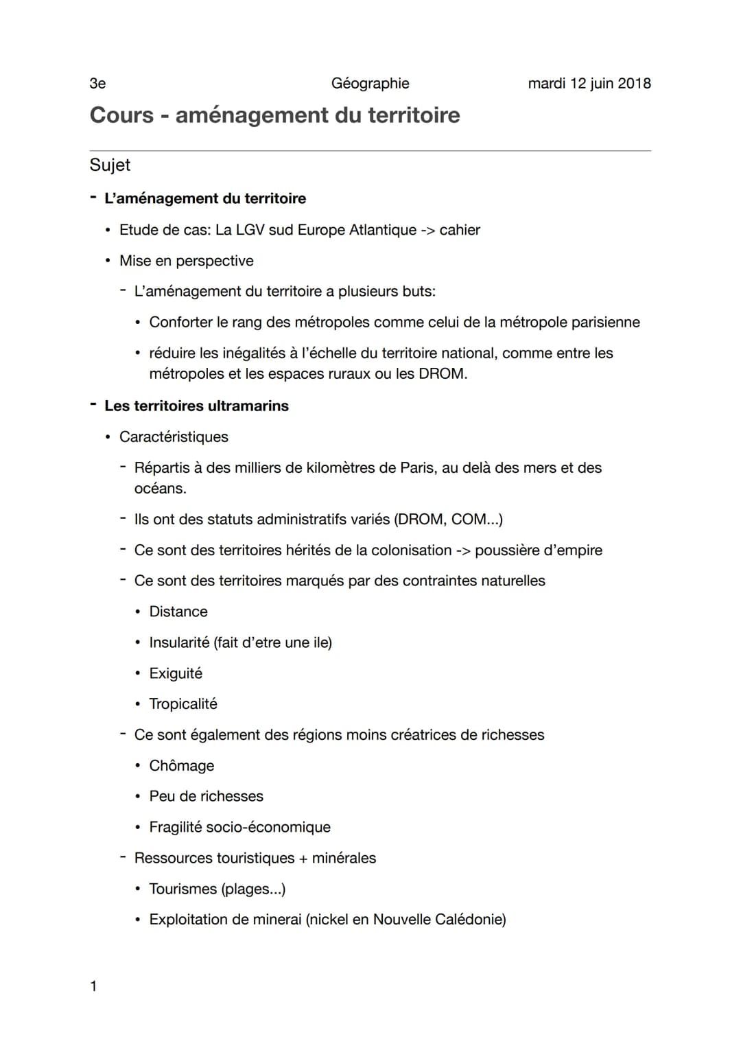 Géographie
Cours - aménagement du territoire
Sujet
3e
1
L'aménagement du territoire
• Etude de cas: La LGV sud Europe Atlantique -> cahier
•