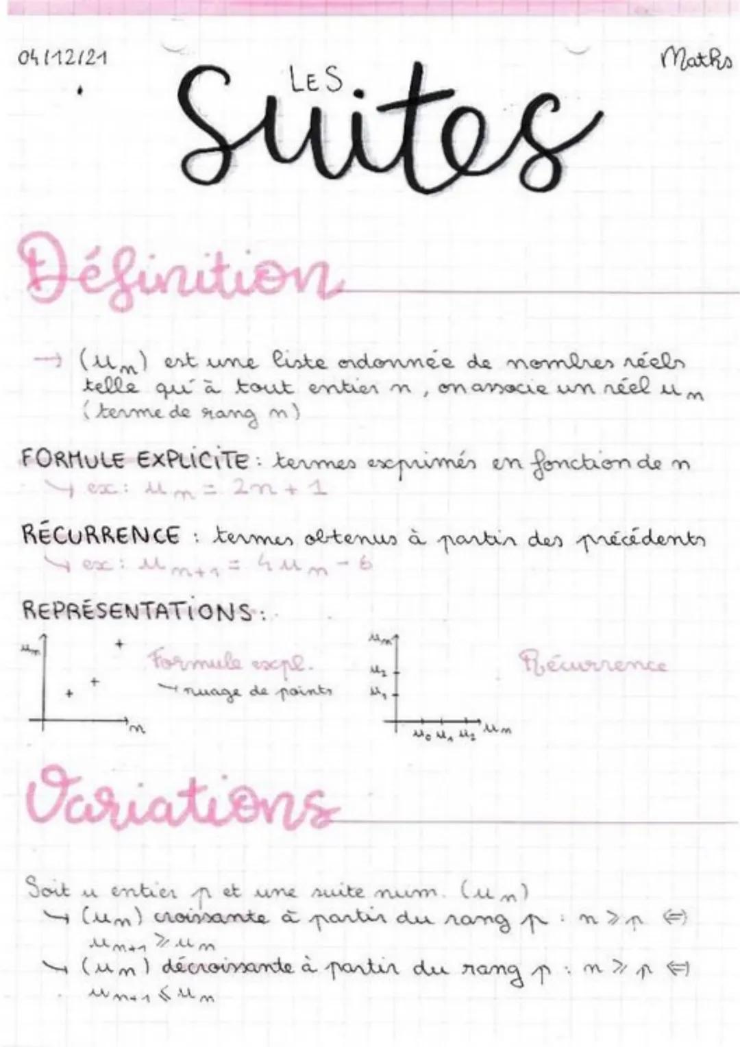 04112121

# Suites

## Définition

→($u_n$) est une liste ordonnée de nombres réels
telle qu'à tout entier n, on associe un réel $u_n$
(term