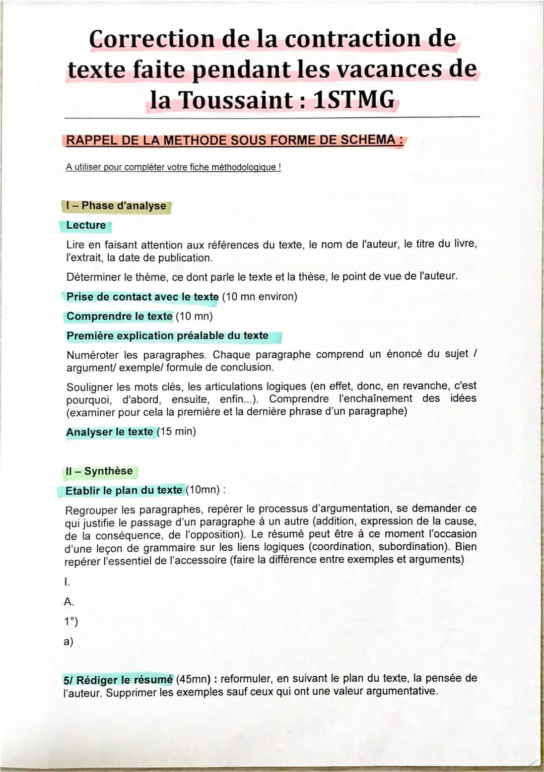 Correction de la contraction de
texte faite pendant les vacances de
la Toussaint: 1STMG
RAPPEL DE LA METHODE SOUS FORME DE SCHEMA:
A utilise