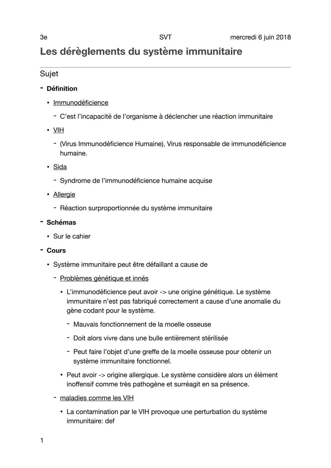 3e
SVT
Les dérèglements du système immunitaire
Sujet
Définition
●
1
Immunodéficience
• VIH
●
C'est l'incapacité de l'organisme à déclencher 