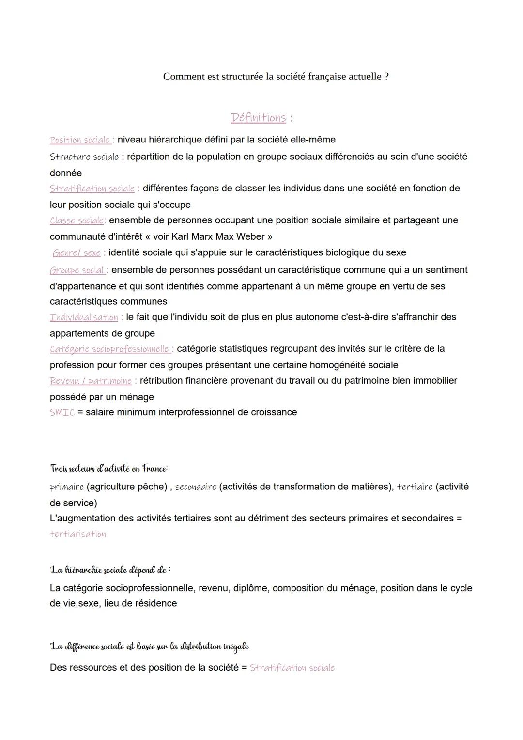 Comment est structurée la société française actuelle ?
Définitions :
Position sociale: niveau hiérarchique défini par la société elle-même
S