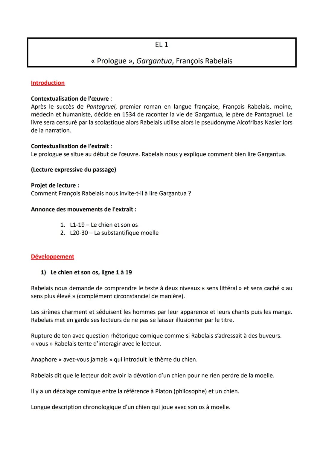 Introduction
EL 1
<< Prologue »>, Gargantua, François Rabelais
Contextualisation de l'œuvre :
Après le succès de Pantagruel, premier roman e