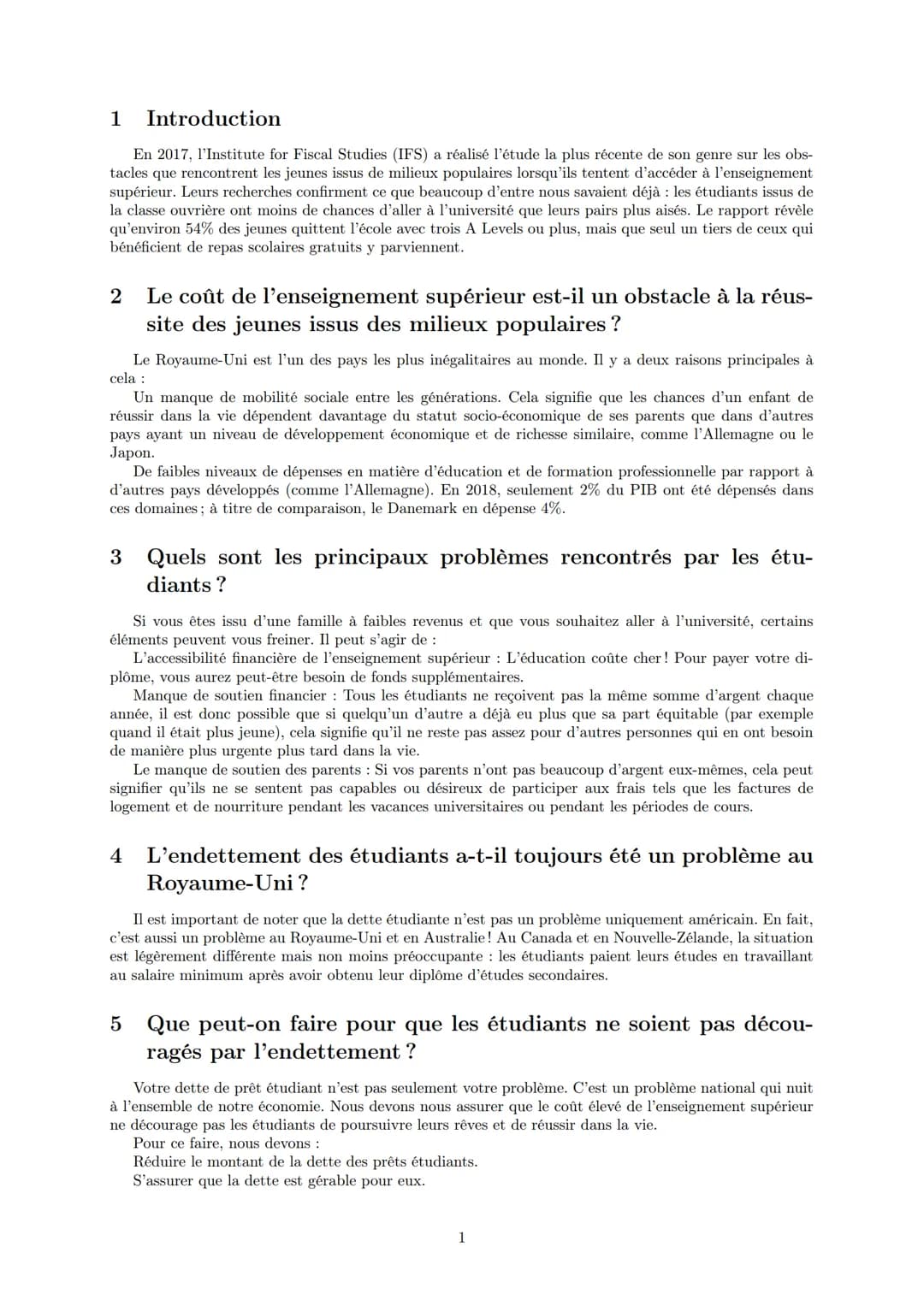 LYCEE GENERAL ET TECHNOLOGIQUE LA BRUYERE
Le cout des études supérieures constitue-t-il un
obstacle à la réussite des jeunes de milieu
popul