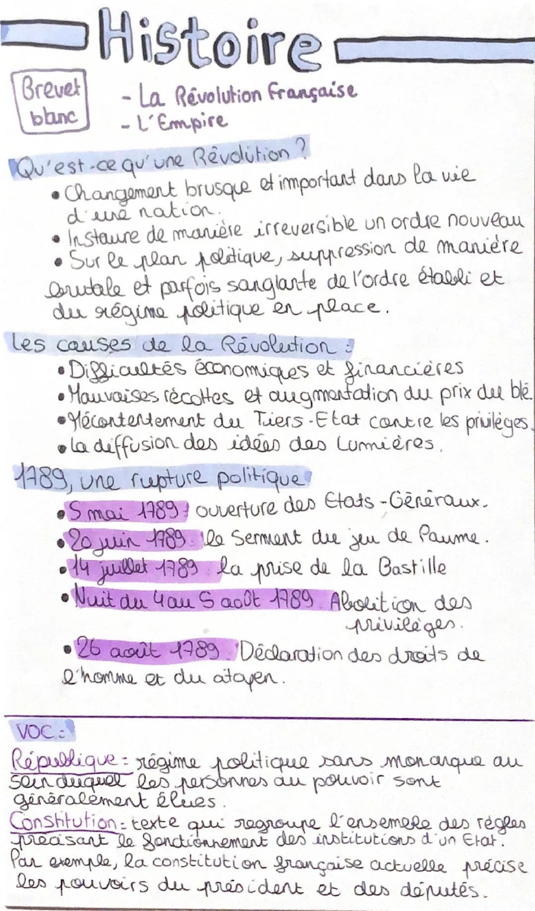 # Histoire

Brevet
blanc
- La Révolution française
- L'Empire

"Qu'est-ce qu'une Revolition?

*   Changement brusque et important dans la vi