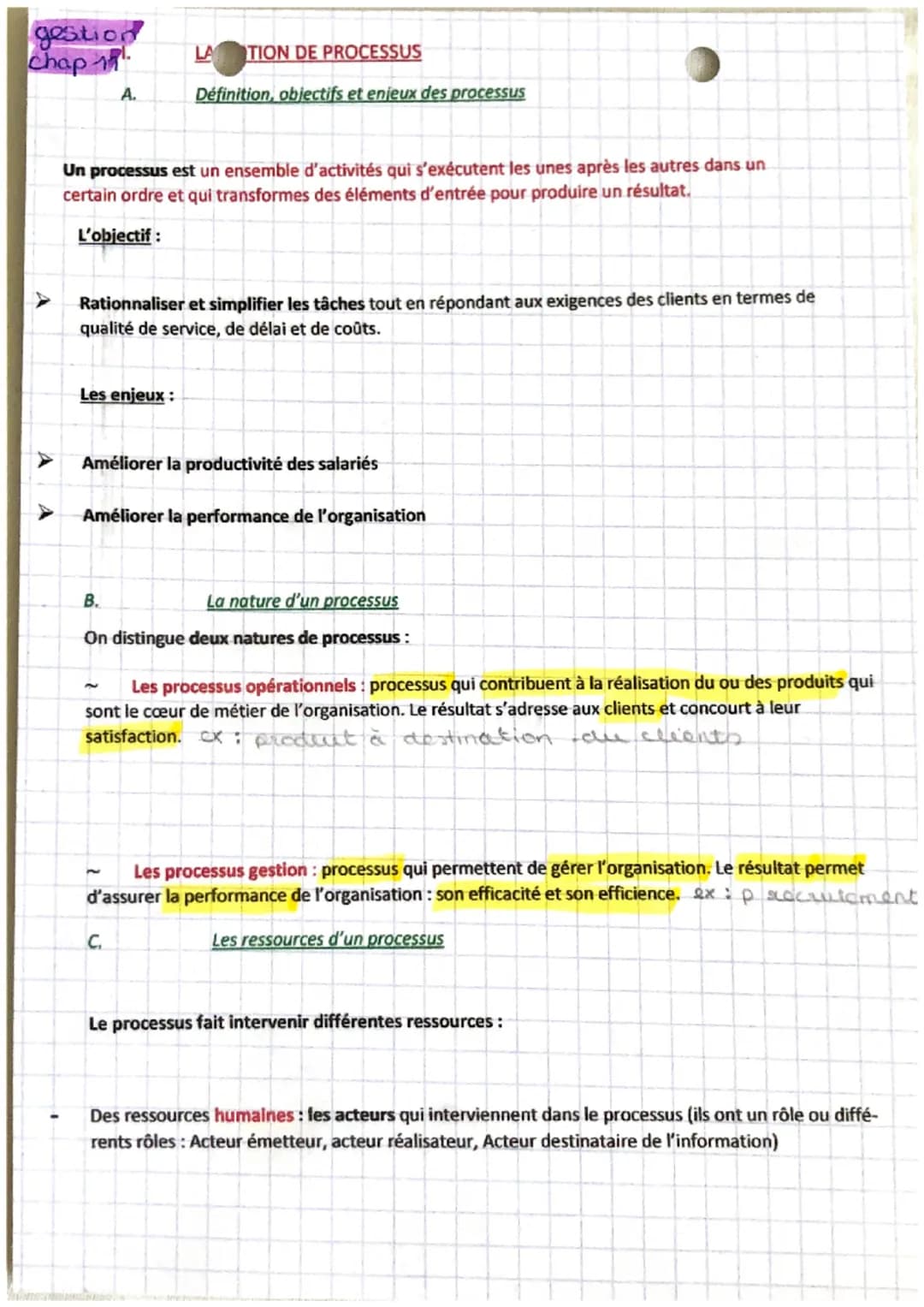 gestion
chap 1
Un processus est un ensemble d'activités qui s'exécutent les unes après les autres dans un
certain ordre et qui transformes d
