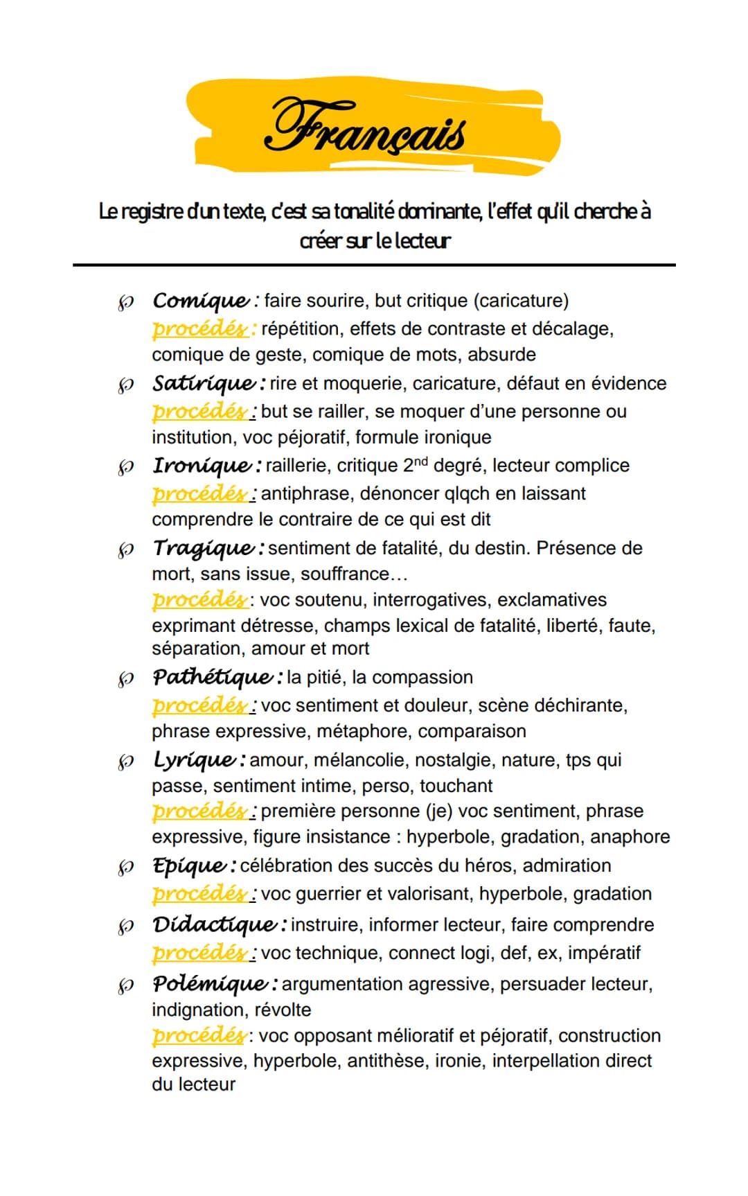 Français
Le registre d'un texte, c'est sa tonalité dominante, l'effet qu'il cherche à
créer sur le lecteur
Comique: faire sourire, but criti