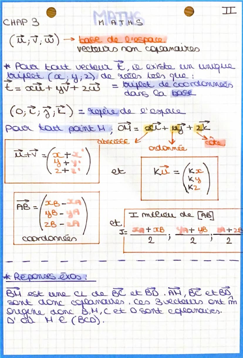 Chap 3
ATHS
H
Vecteurs, drates et pean de l'espace
*Par 3 pts non alignes passe un unique plain
CHASLES: AB+BC = AC o
VECTEURS COLINÉAIRES:
